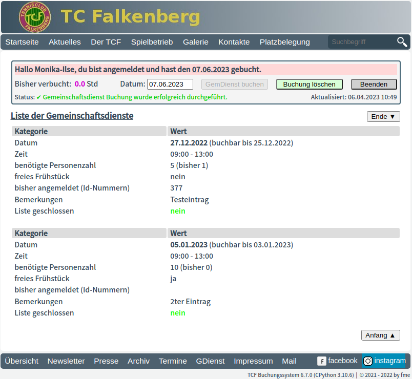 Gemeinschaftsdienst gebucht