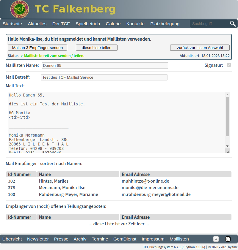 Mailliste mit Text und Empfängern